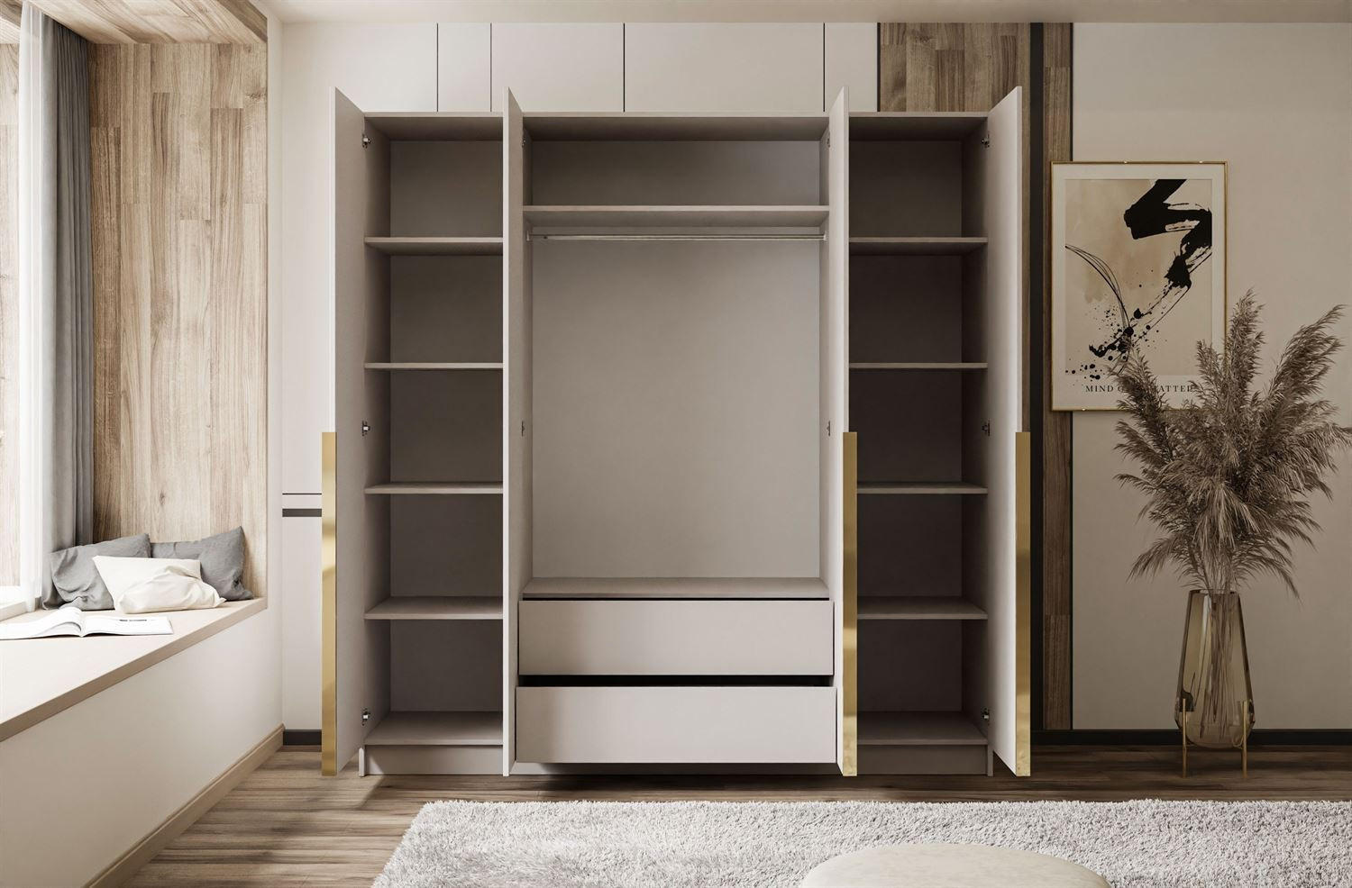 Thumbnail - Lookway Kleiderschrank, Kaschmir, Gold, Holzwerkstoff, Uni, 2 Schubladen, Rechteckig, 200x200x57 cm, Schlafzimmer, Kleid...