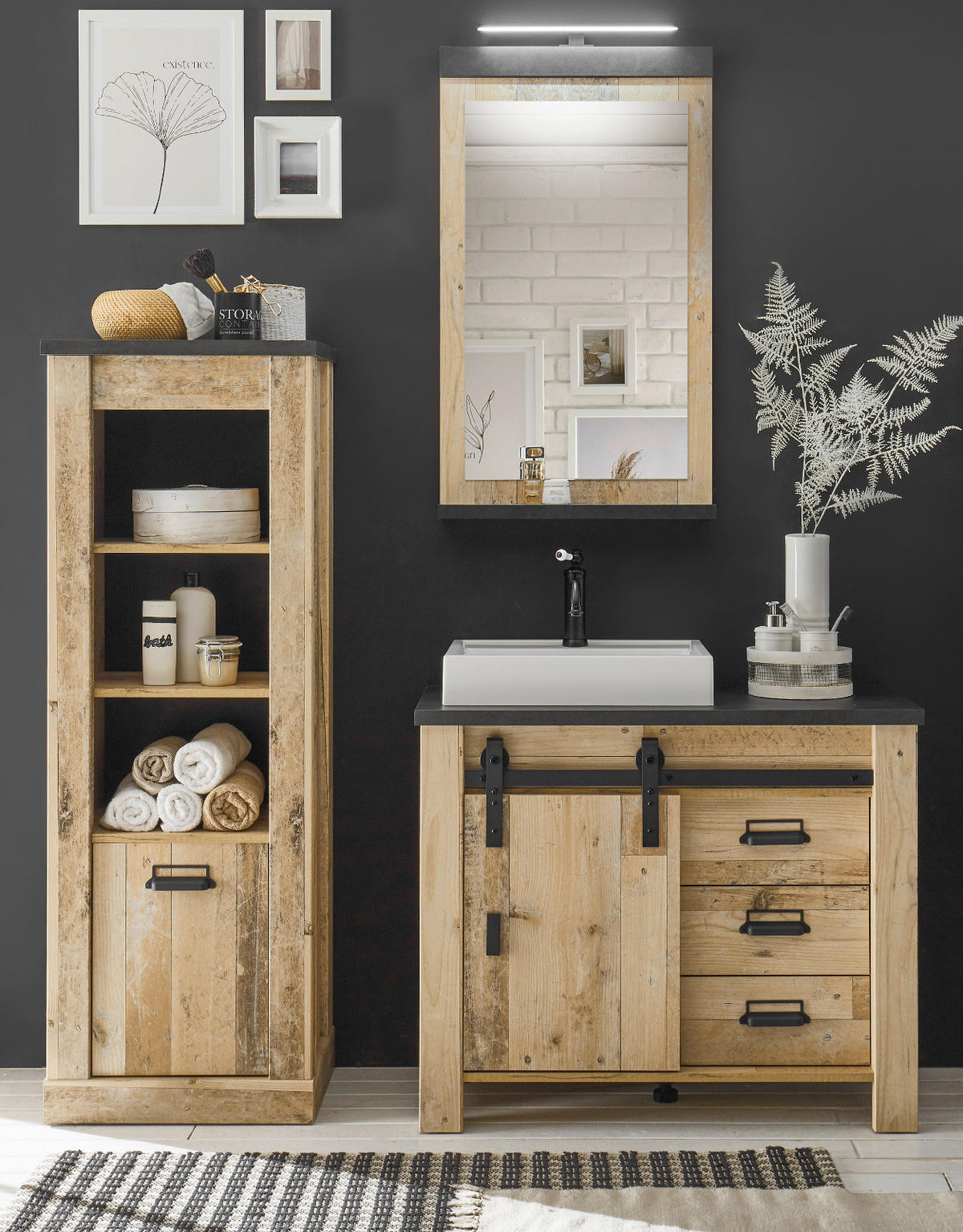 BADMÖBEL-SET 5-teilig, Used Wood hell, anthrazit, Badkombination mit Waschbecken LED Spiegellampe - Eichefarben/Anthrazit, Holzwerkstoff/Metall (165/210/43cm) - Furn.Design