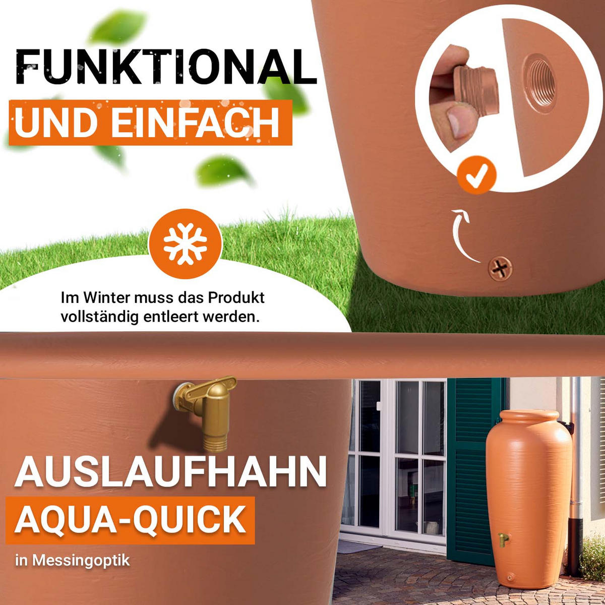 AMPHORE Regentonnen Komplett-Set 300 L kotta inkl. Kunststoff-Auslaufhahn und Fallrohranschluss - Terracotta, Kunststoff (68/129/68cm) - GARANTIA