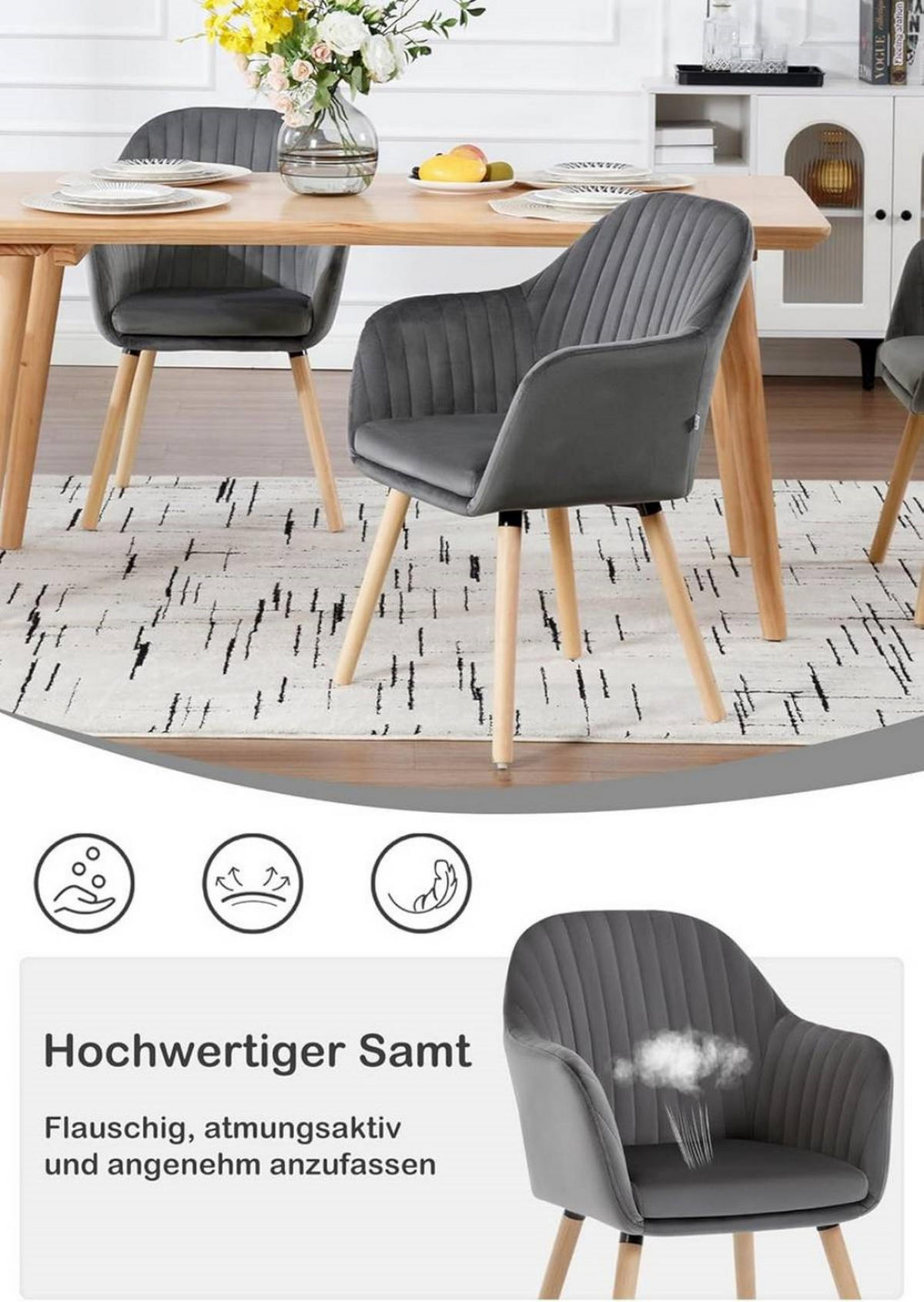 ESSZIMMERSTUHL 2er-Set, Samt, Massivholz, Dunkelgrau - Dunkelgrau/Naturfarben, Holz/Textil (42/81/50cm) - Woltu