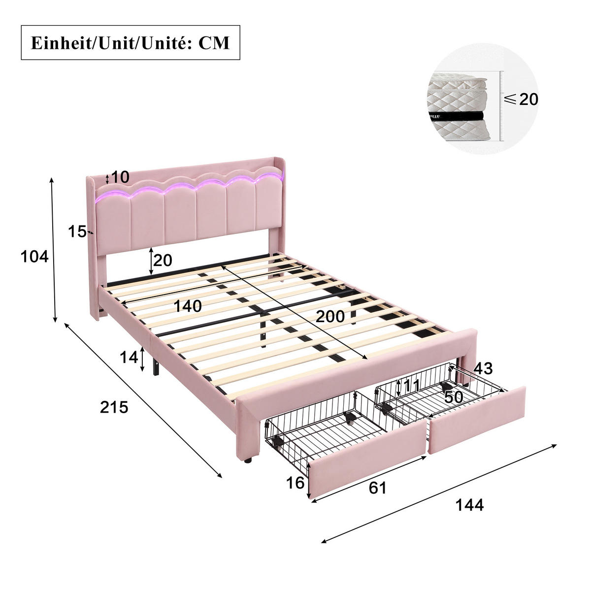 POLSTERBETT 140/200 cm mit 2 Schubladen und LED, DE-41732, in Rosa - Pink, Holzwerkstoff (140/200cm) - ComfortXL