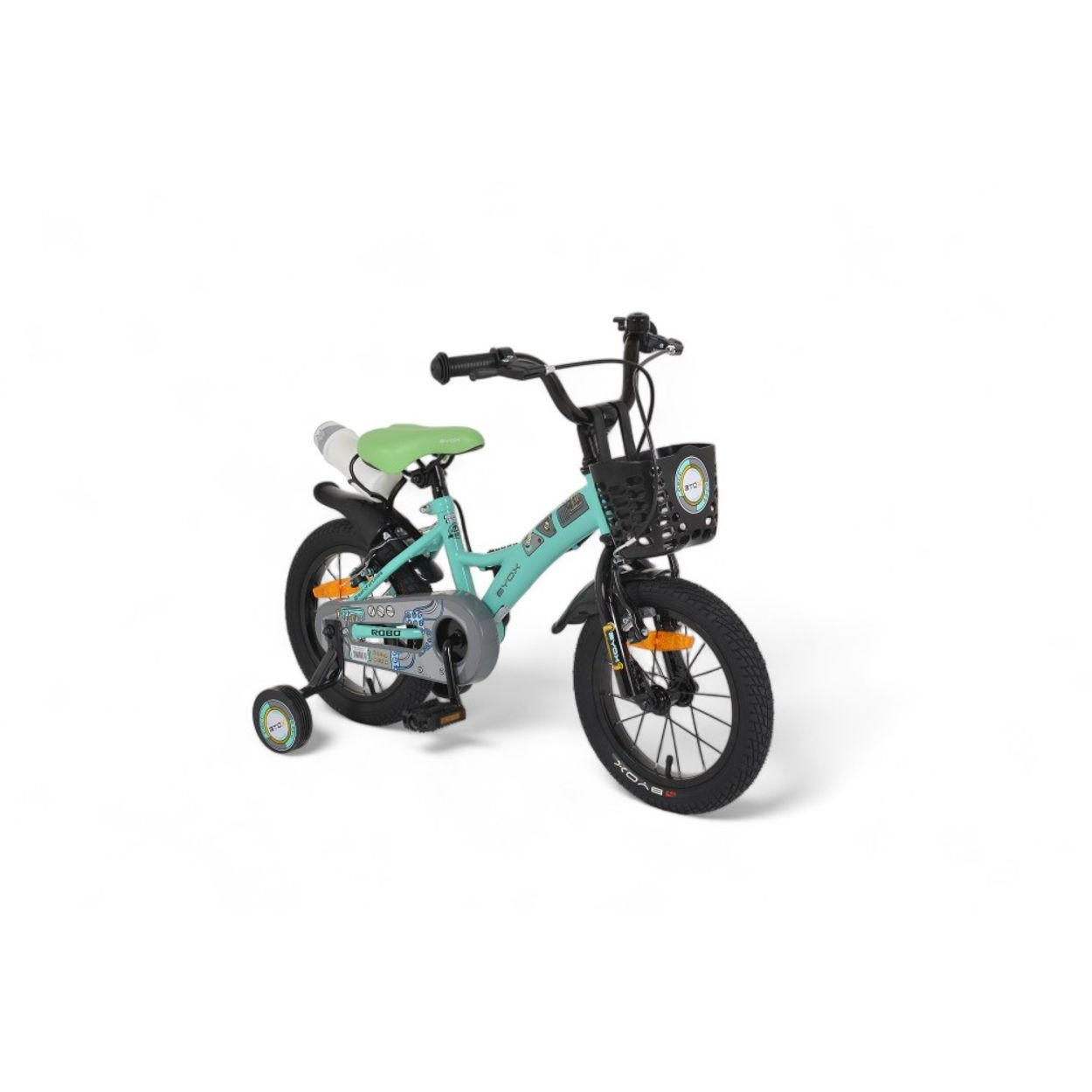 KINDERFAHRRAD Robo 14 Zoll türkis Frontkorb, Getränkehalter, Stützräder, Kettenschutz, Flaschenhalter - Türkis, Metall (65cm)