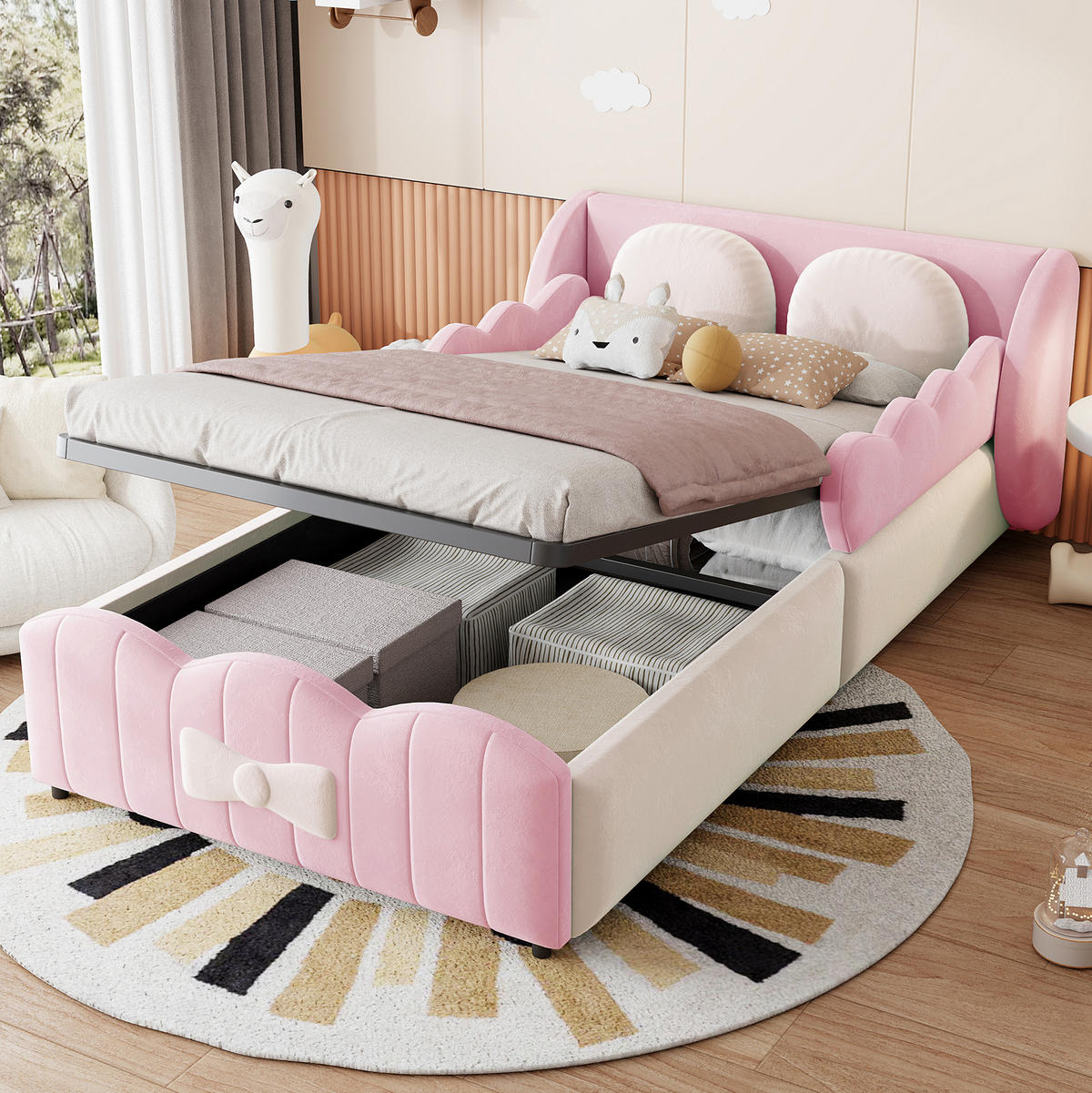 KINDER-POLSTERBETT aus Samt 90x200 cm Rosa mit hydraulischem Stauraum und 2 Zierkissen - Pink, Textil (90/200cm) - Modfu