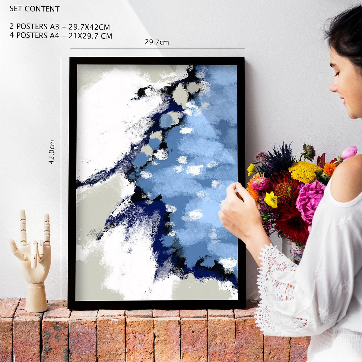 POSTER Set Mit 6 Blaue altmodische abstrakte Landschaften Größe A3 & A4 Weißer Rahmen - Weiß, Papier (29.7/1cm) - Nacnic