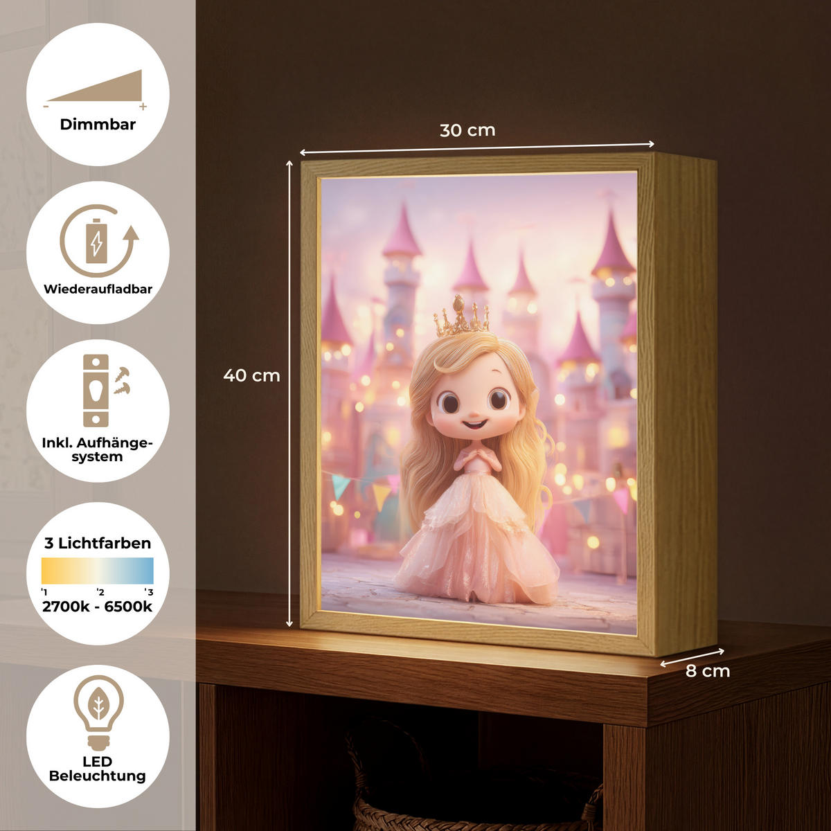 NÁSTĚNNÁ LAMPA S AKUMULÁTOREM Princezna - Růžová - Zámek 30x40 cm - růžová, kompozitní dřevo (30/40/8cm) - OnlyWow