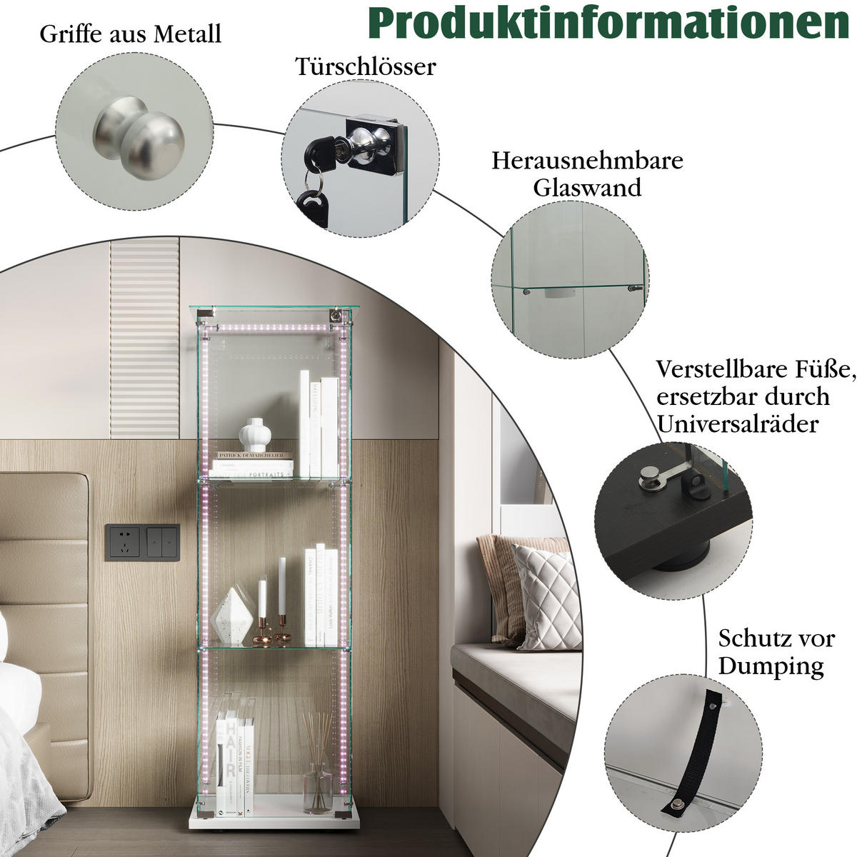 VITRINE, LED-Lichtleiste, 3 Einlageplatten, einzeltür mit Schloss, Weiß - Weiß, Glas (39.8/123.3/35cm) - BRILVERDE