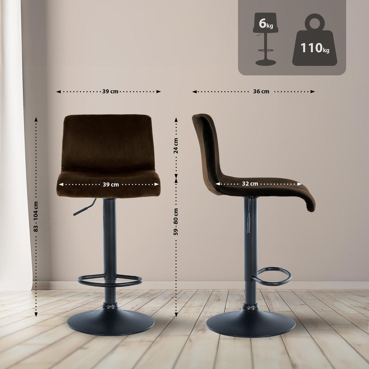 BARHOCKER Samt Braun - Braun, Textil (39/83/36cm) - CLP