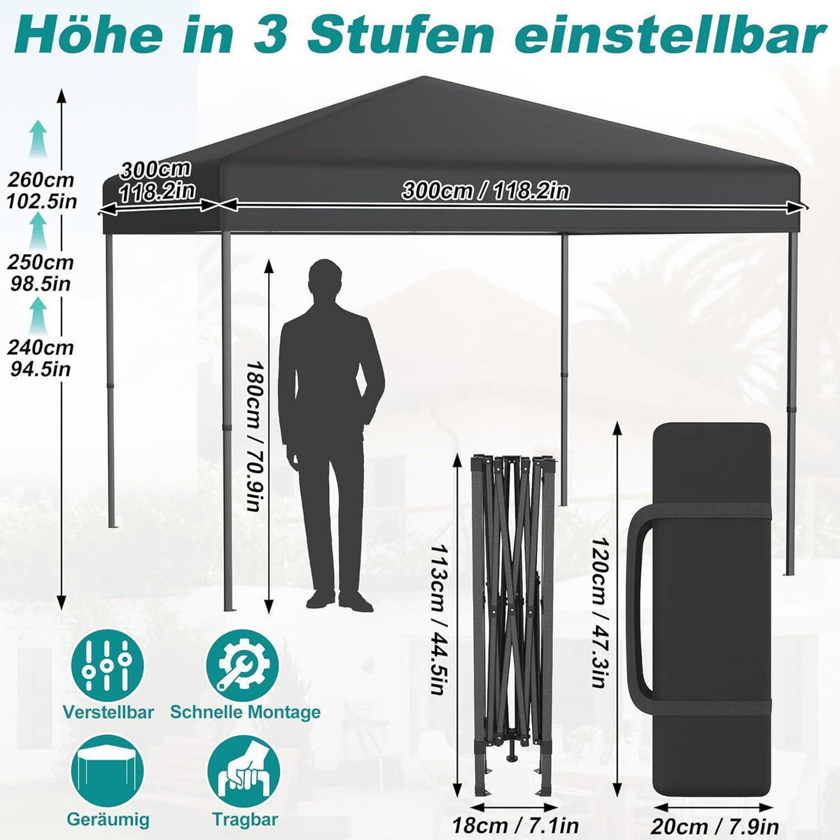 FALTPAVILLON 3 x 3 m Anthrazit mit One-Touch Lift - Anthrazit, Textil (300/260/300cm)