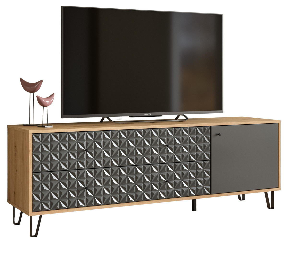 TV-LOWBOARD grau, Eiche Artisan 164 x 56 cm, TV Unterteil mit 3D-Struktur - Schwarz/Eiche Artisan, Holzwerkstoff/Kunststoff (164/56/40cm) - Inn.Furn