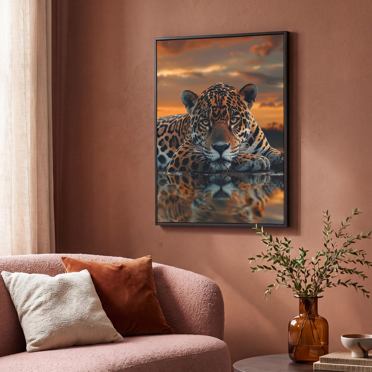 LEINWAND Bilder mit Rahmen - Natur - Leopard - Tier - Sonnenuntergang - Modern - 70x100 - Orange, Textil (70/100cm) - MuchoWow