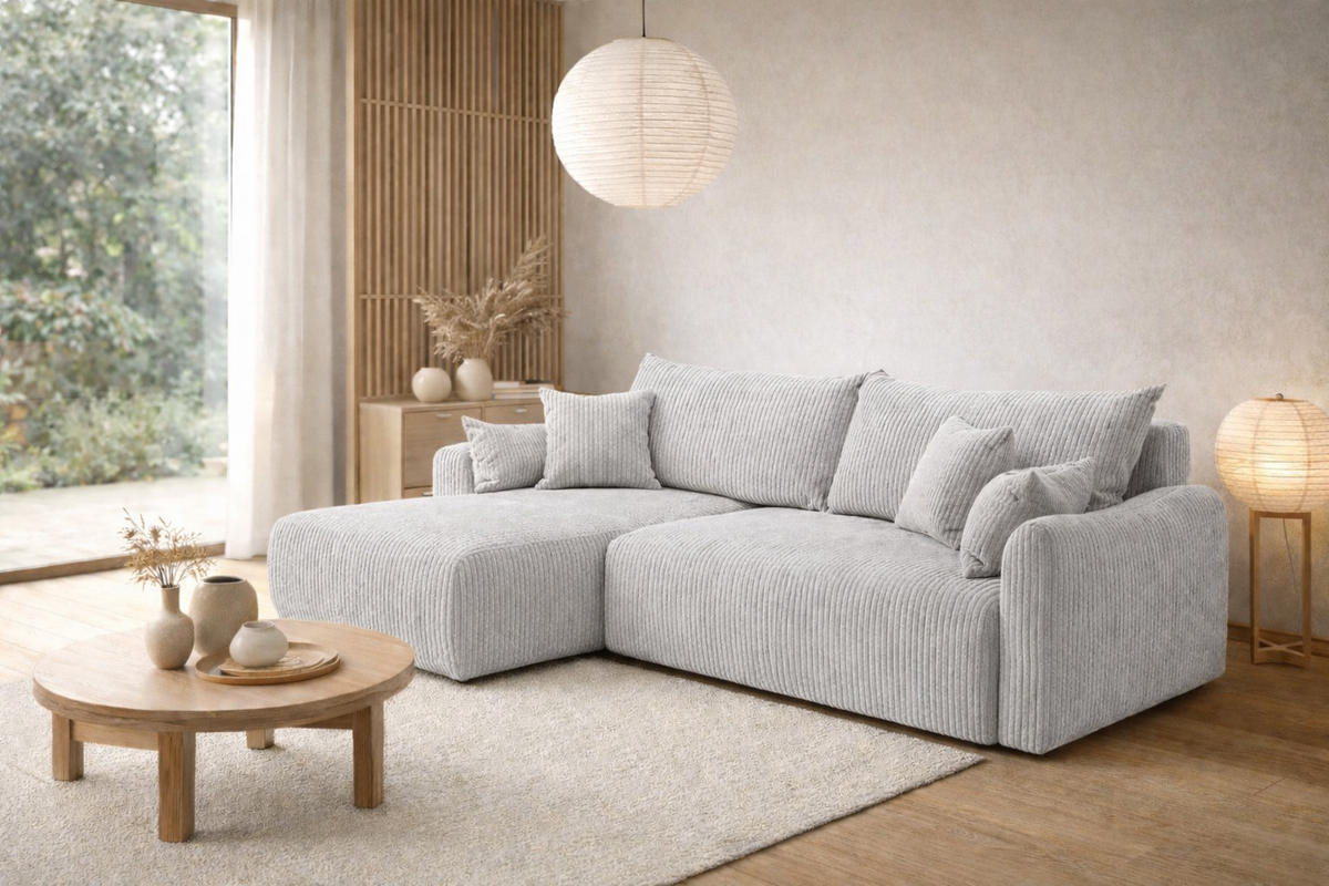 ECKSOFA Mit Schlaffunktion, Cordstoff Poso, Hellgrau, Links, JAPANDI - Hellgrau, Holz (262/145cm) - Kaiser Möbel