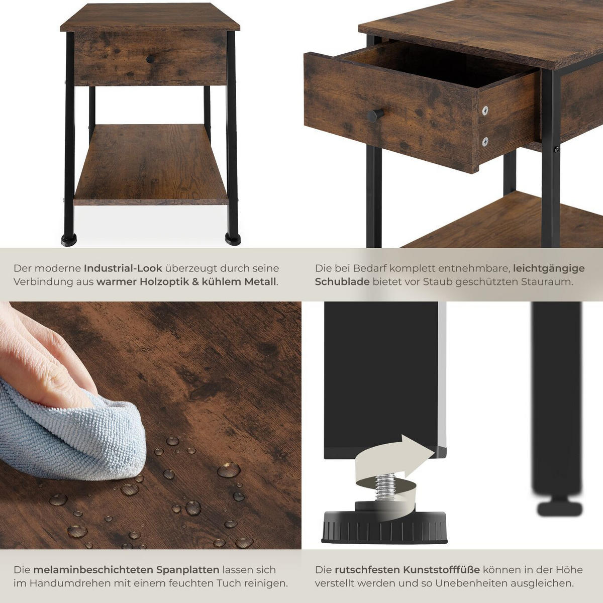 NACHTSCHRANK Bradford, 40 x 40 x 55,5 cm, Industrial Holz dunkel, rustikal - Rostfarben, Holzwerkstoff (40/55.5/40cm) - tectake