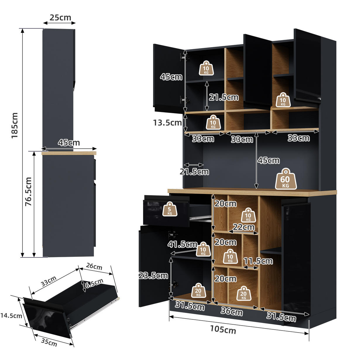 HOCHSCHRANK in Anthrazit mit Hochglanz-Schwarz, Schublade, Türen und verstellbaren Regalen, 105/45/185 cm, Anthrazit，Schwarz - Schwarz, Holzwerkstoff (105/185/45cm) - Redom