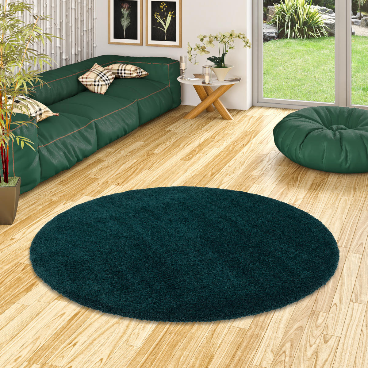 LUXUS HOCHFLOR LANGFLOR TEPPICH HARMONY RUND - Petrol, Textil (160/160cm) - Snapstyle