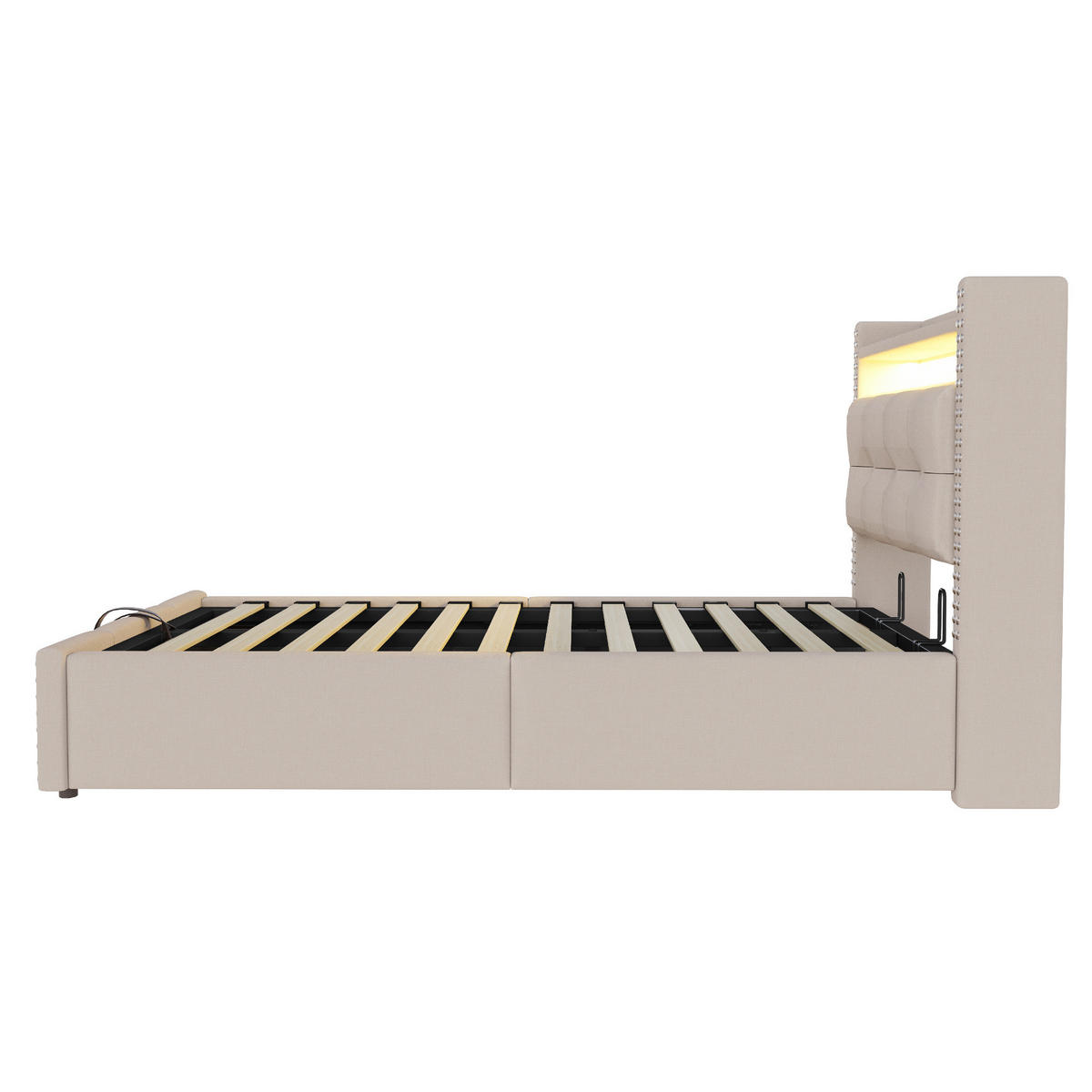 POLSTERBETT aus Leinenstoff 90x200 cm in Beige mit LED, USB & Stauraum - Beige, Textil (90/200cm) - Modfu