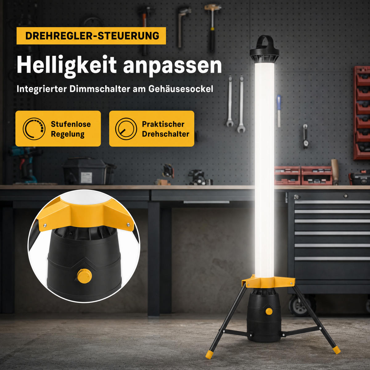 LED-TURM-BAUSTRAHLER - 360° Lichtauslass für Innen- und Außenbereich, dimmbar, 110cm hoch - Gelb/Schwarz, Kunststoff (57/57/113cm) - Northpoint