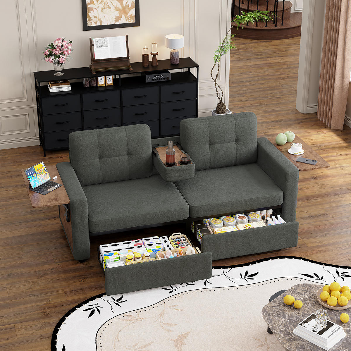 2-SITZER-SOFA mit Laptop-Tisch und Stauraum, DE-42611, Grau - Dunkelgrau, Metall (178/57.5/71cm) - ComfortXL