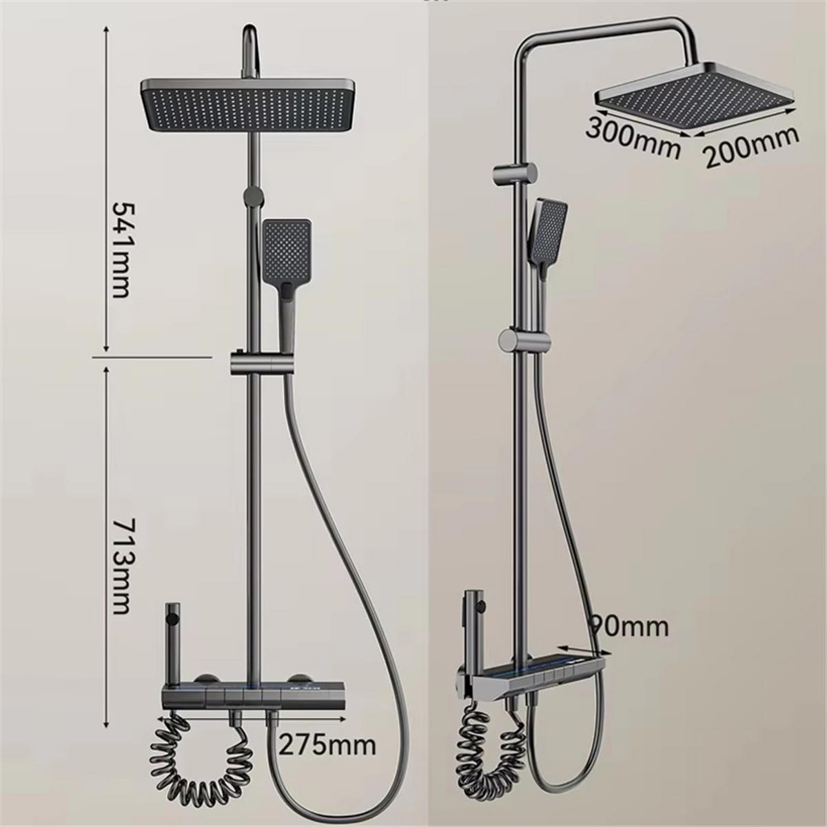 ÜBERKOPFBRAUSESET Aluminium Klavierknopf LED Duschsystem - Dunkelgrau, Metall (20/125/30cm) - Kaket