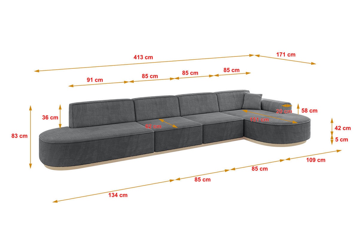 ECKSOFA Ottomane Rechts MARI-L3-v1 - 413x171x83 cm Dunkelgrau Cord - Dunkelgrau, Holzwerkstoff/Textil (171/413cm) - ALTDECOR
