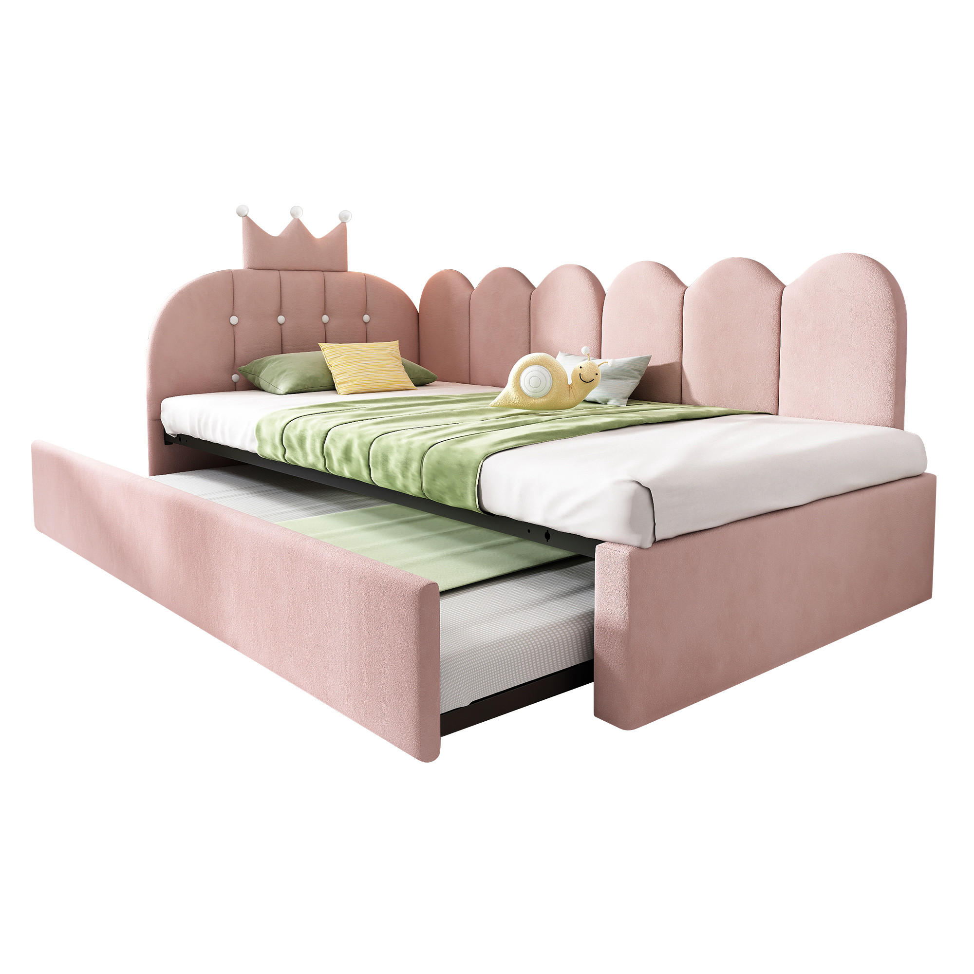 POLSTERBETT 90/200 cm mit Ausziehbett, Kronen- und Gitterdesign aus Samt, Rosa - Rosa, Textil (90/200cm) - Redom