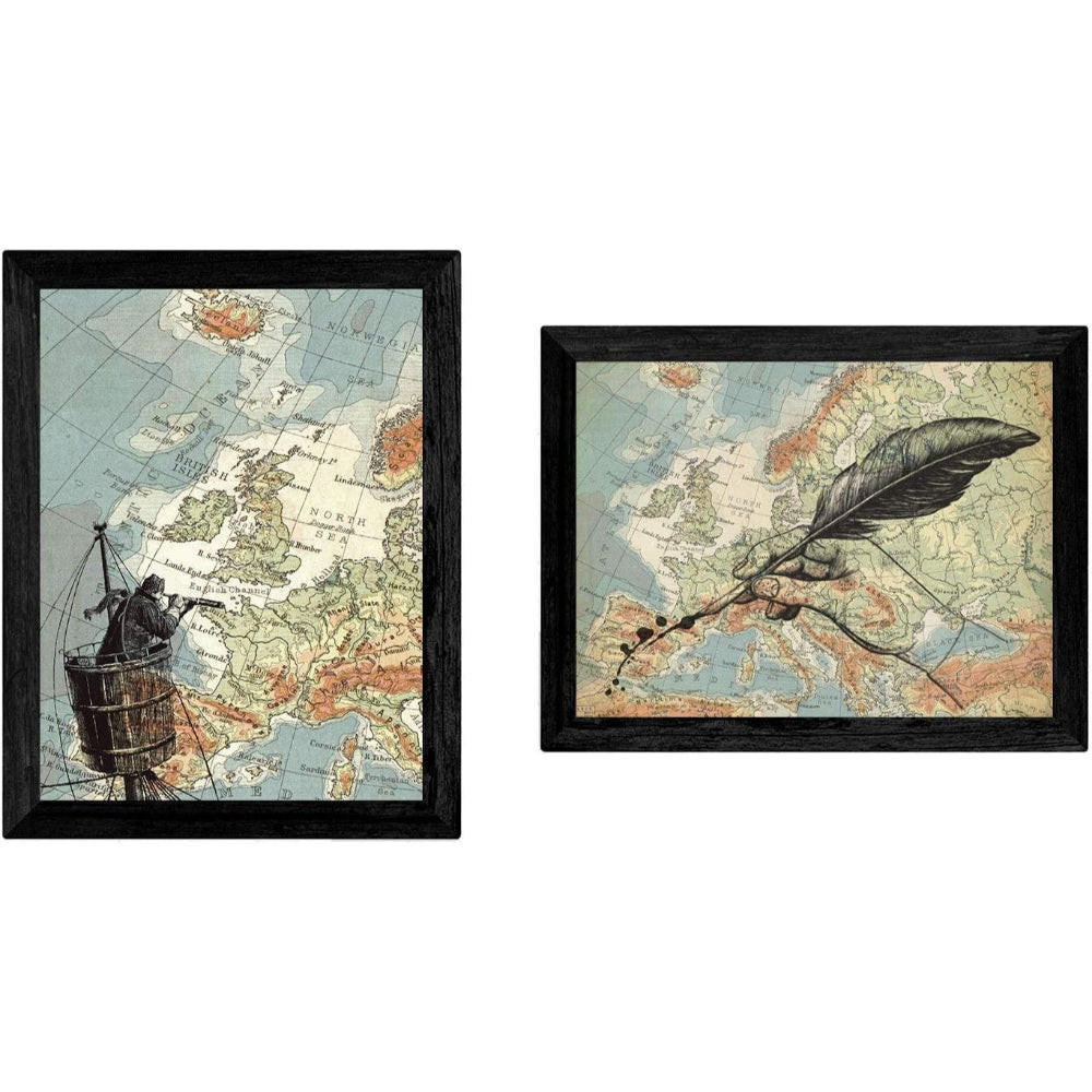 POSTER Set Mit 2 Vintage Stil Seemann Mit Fernglas Über Europa. A4 Rahmenlos - Klar, Papier (29.7/5/21cm) - Nacnic