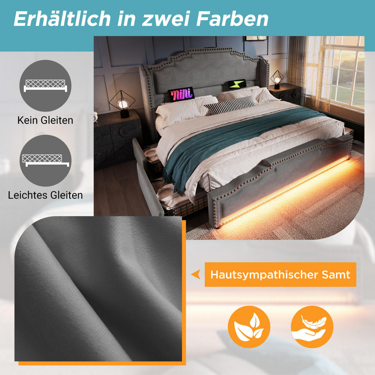 POLSTERBETT 140/200 cm Grau aus Samt mit LED, USB-C, 4 Schubladen und Matratze - Grau, Textil (140/200cm) - OKMYHOME