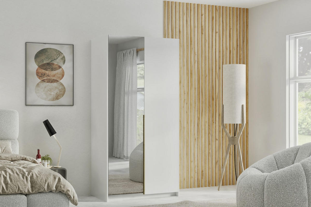 DREHTÜRENSCHRANK Apollonia mit Spiegel 100x204cm 2-türig, weiß, goldene Griffe - Goldfarben/Weiß, Kunststoff (58/205/100cm) - Margaret Hadas24