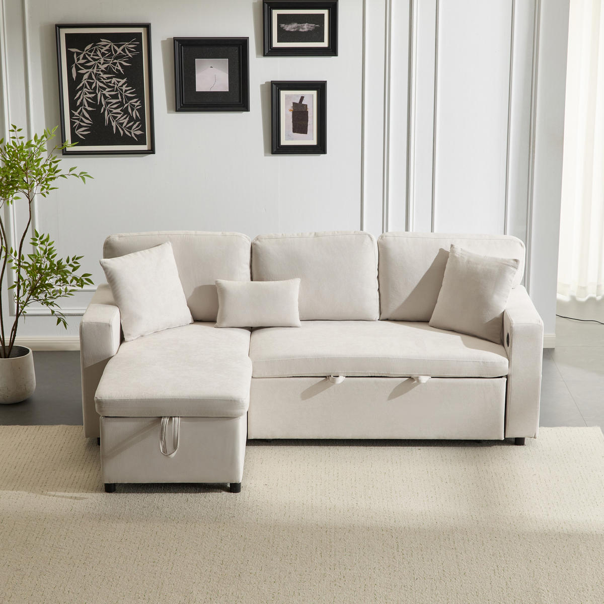 ECKSOFA L-Form Schlafcouch mit Stauraum und USB-Anschluss Samt Beige 214/131/87 cm - Beige, Textil (214/131cm) - OKWISH