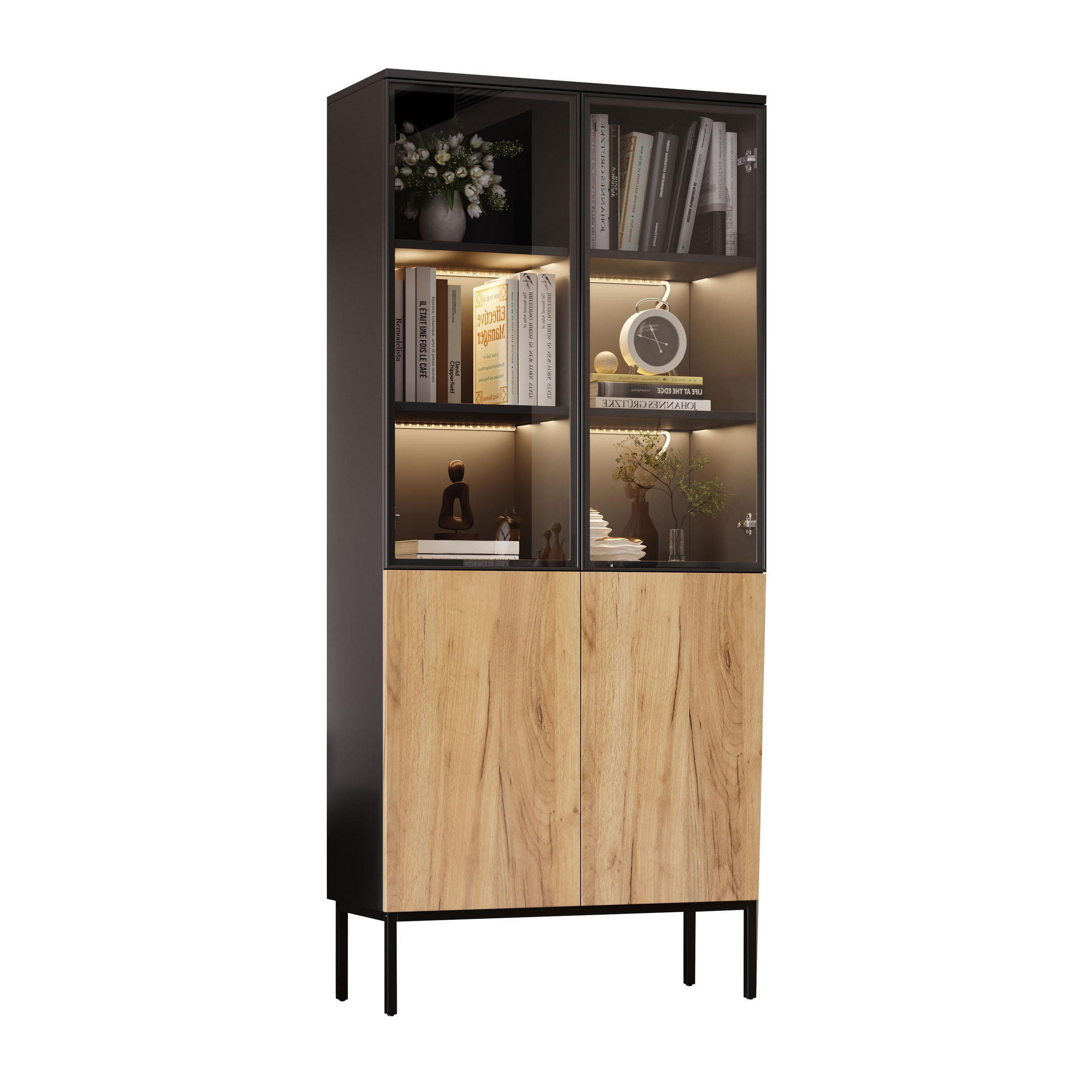 VITRINE mit LED-Beleuchtung 74 x 31 x 180 cm Schwarz/Eiche - Schwarz, Holzwerkstoff (31/180/74cm) - Beauniv