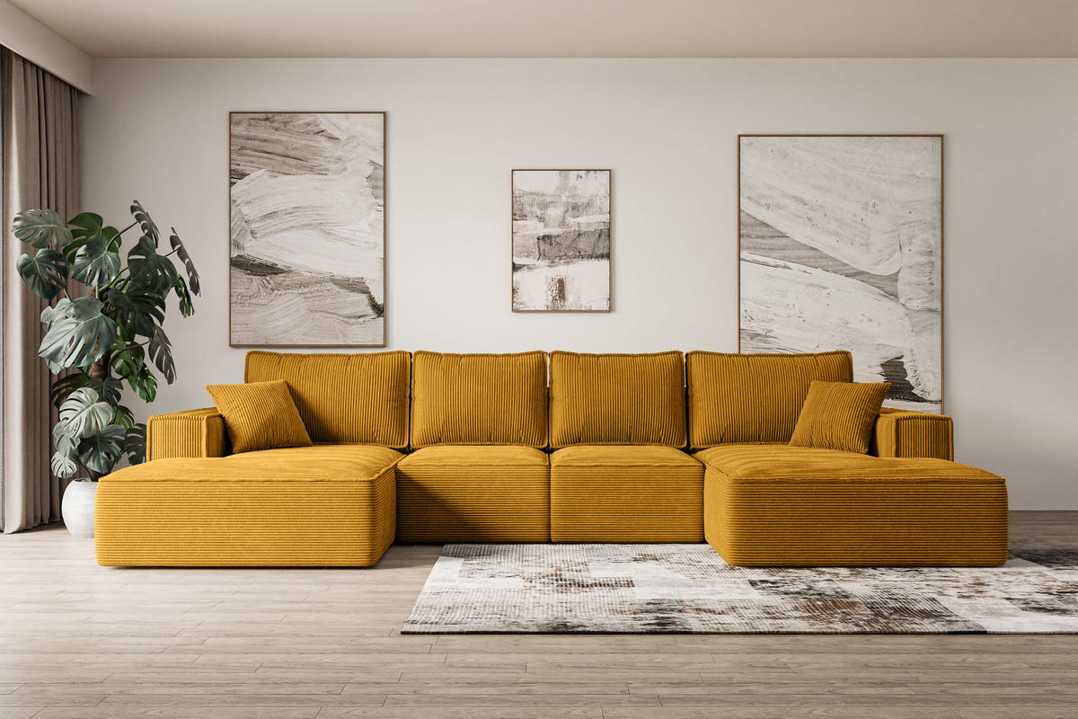 WOHNLANDSCHAFT mit Schlaffunktion und Bettkasten SIERRA-U-S - 349x161x87 cm Senfgelb Cord - Currygelb/Schwarz, Holzwerkstoff/Kunststoff (349/87/161cm) - ALTDECOR