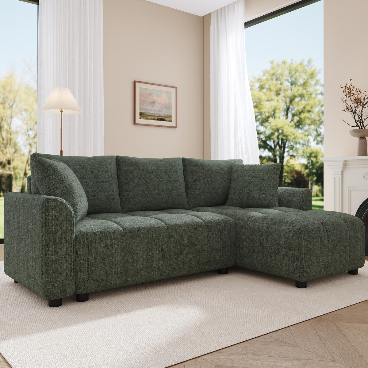 ECKSOFA 204/127/82.5 cm Grün Chenille mit 2 Zierkissen - Grün, Kunststoff/Textil (204/127cm) - Oxeza