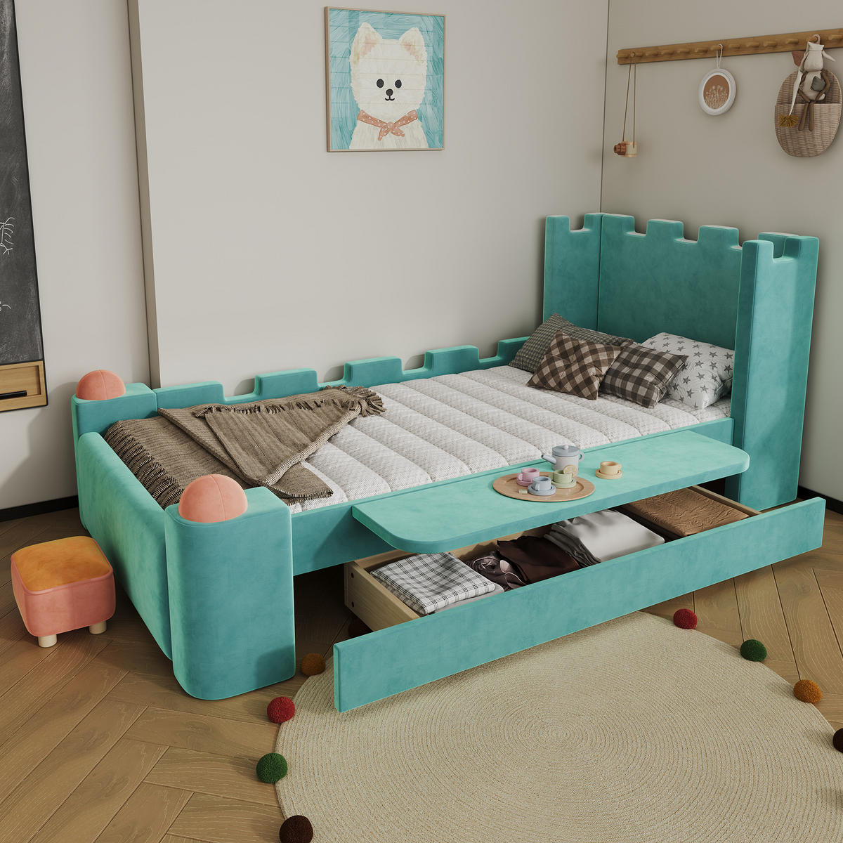 BETT mit Schublade und Ablage 90x200 cm Blaugrün - Blau, Holz (90/200cm) - Meubliv