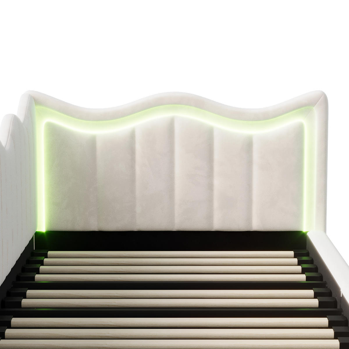 KINDERBETT/SCHLAFSOFA 90×200 cm Samt Weiß – Bett mit LED-Beleuchtung - Beige, Holz