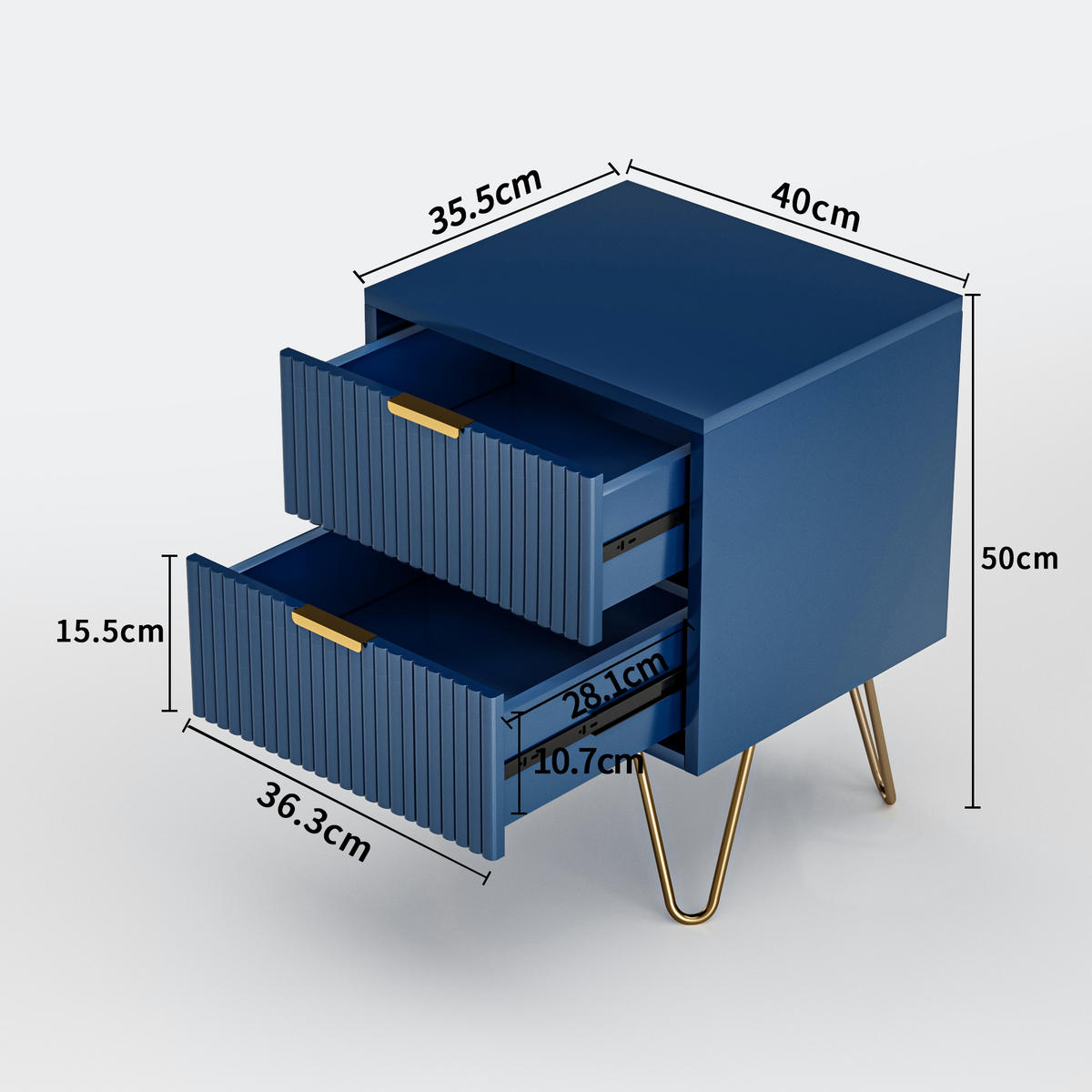 NACHTSCH- 2 Schubladen - Beine aus Metall - Marineblau - Blau, Holz (40/70/60cm)