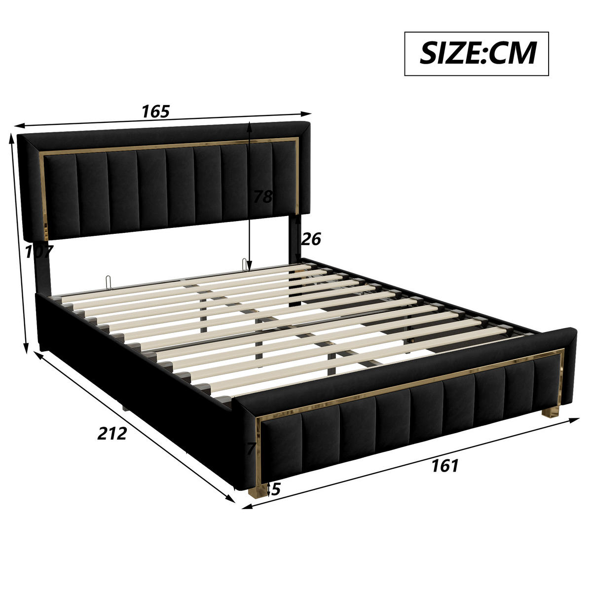 POLSTERBETT 160x200 cm Bettkasten Samt Goldrahmen schwarz - Schwarz, Holz (160/200cm) - LEBENLANG