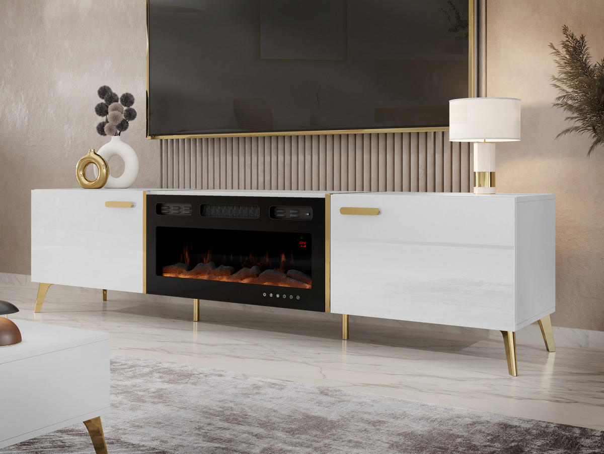 TV-LOWBOARD Picru 2D EF mit Kamin - Goldfarben/Weiß, Holzwerkstoff/Kunststoff (214/50/38cm) - MIRJAN24