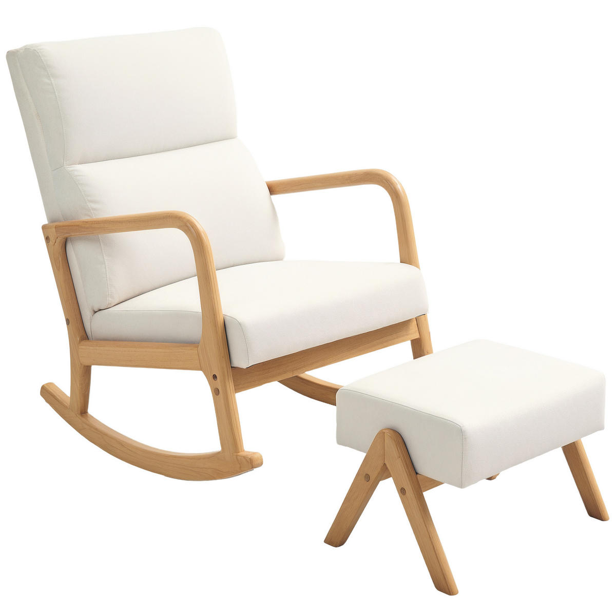 SCHAUKELSTUHL DE-07586 mit Hocker, Leinenoptik und Holzrahmen Cremeweiß - Creme, Holz (65/94.5/96cm) - ComfortXL