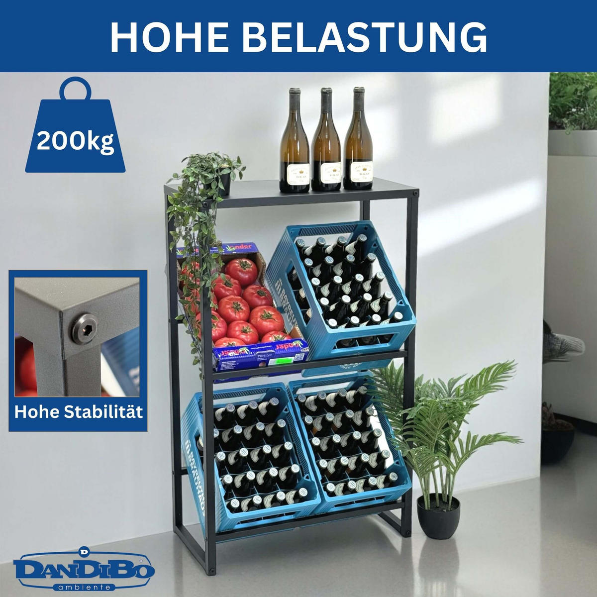 GETRÄNKEKISTENREGAL für 4 Kisten mit Ablage Metall Stehend - Schwarz, Metall (69/112/32cm) - DanDiBo