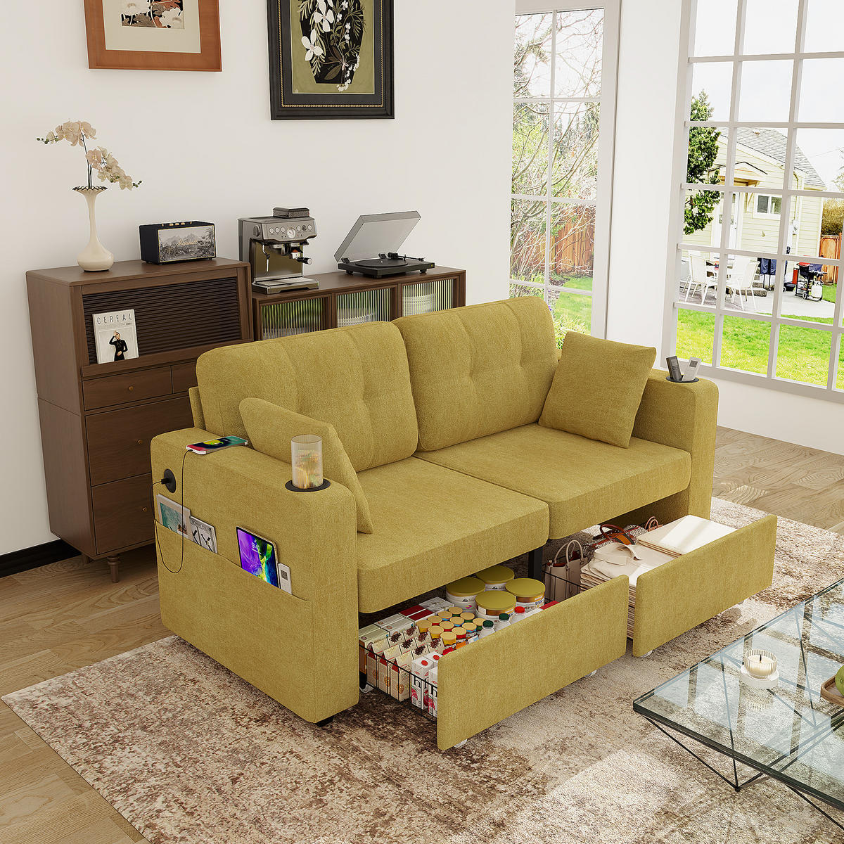 2-SITZER-SOFA aus Chenille 172x75x82 cm mit USB & Stauraumschubladen, senfgelb - Gelb, Textil (75/82/172cm)
