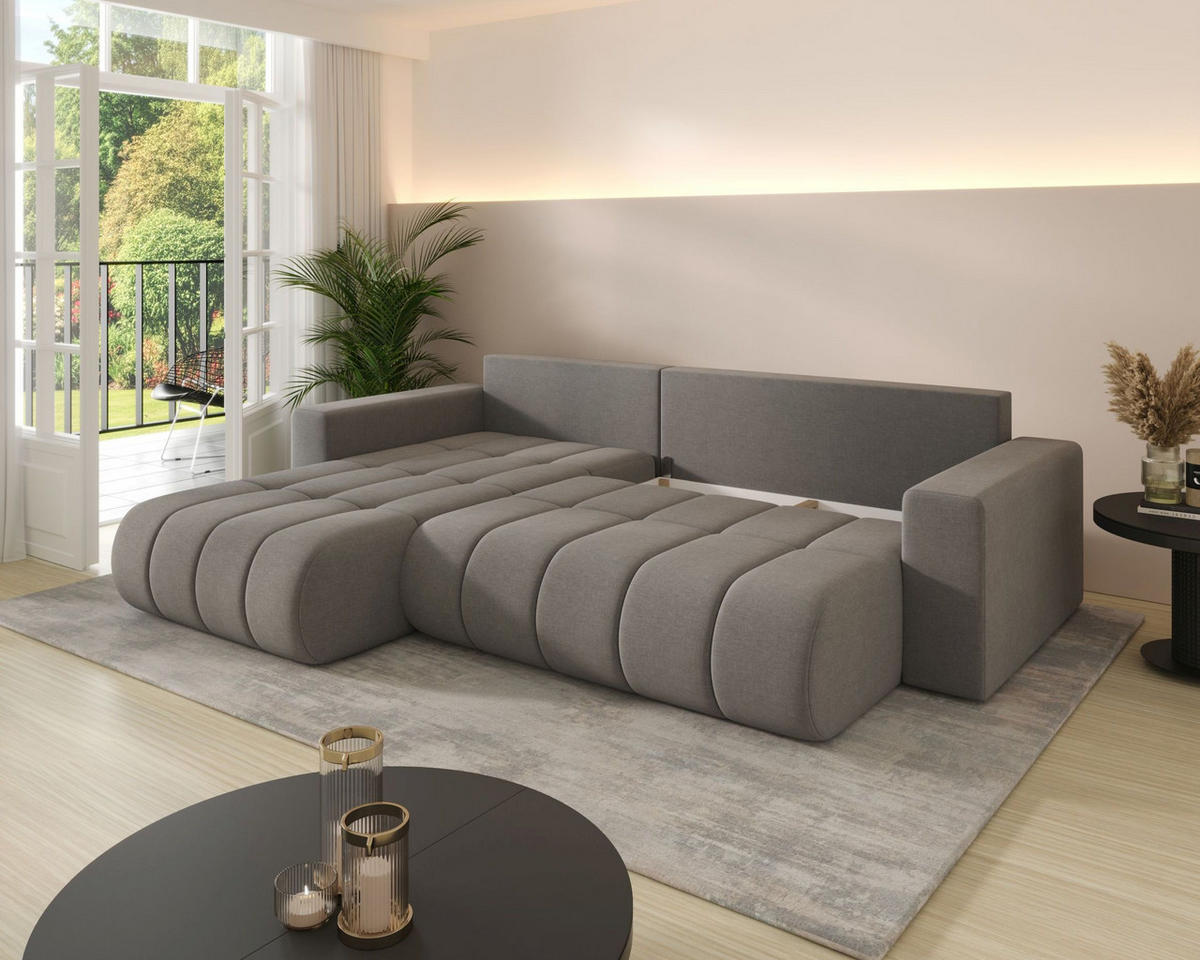 ECKSOFA LARA PREMIUM links hellgrau Velours Monolith 84 - Schlaffunktion, Bettkasten - Hellgrau, Textil (280/175cm) - Cornero
