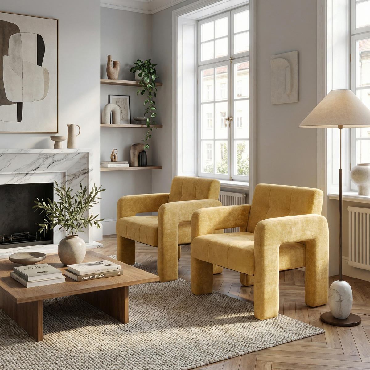 SESSEL Nordic Style aus Chenille mit ergonomischen Armlehnen - Gelb, Textil (67.5/74.5/69cm) - Urban Meuble