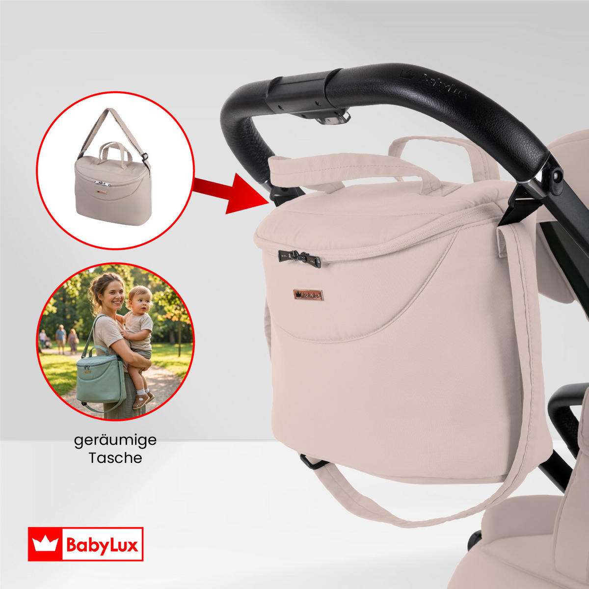 BUGGY Scale, Klein und Leicht, Teleskopische Führung, Kompakt Faltbar, Wickeltasche, Reisetasche - Beige/Schwarz, Textil/Metall (58/100cm) - BabyLux
