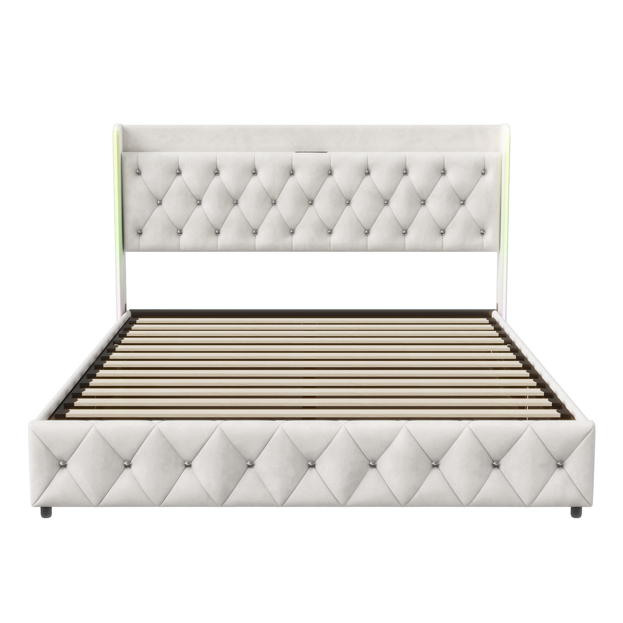 POLSTERBETT Rautensteppung 140/200 cm mit Bettkasten & Lauflicht-LED Samtoptik Beige - Beige, Textil (140/200cm) - Creahappy