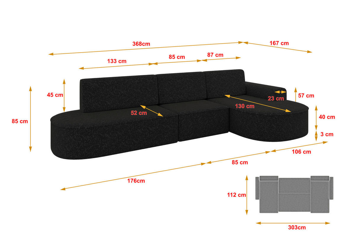 ECKSOFA mit Schlaffunktion Ottomane RECHTS MARI L2-S 368X167X85 Schwarz Velours - Schwarz Hochglanz/Schwarz, Holzwerkstoff/Kunststoff (167/368cm) - ALTDECOR