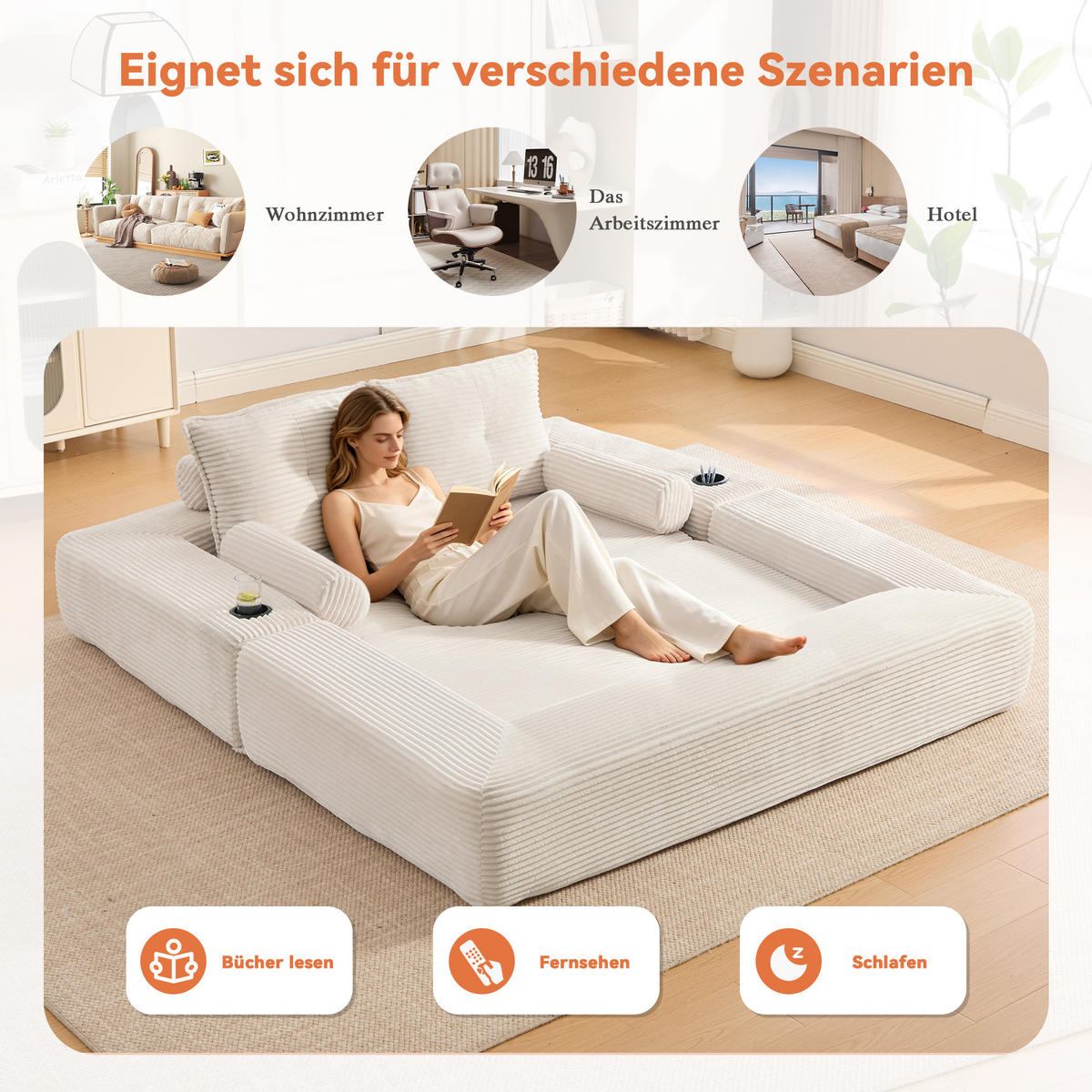 SCHLAFSOFA mit Cordbezug, Memory-Kissen, Getränkehalter und Zierkissen - Beige, Textil (180/80/98cm) - EVRYAE