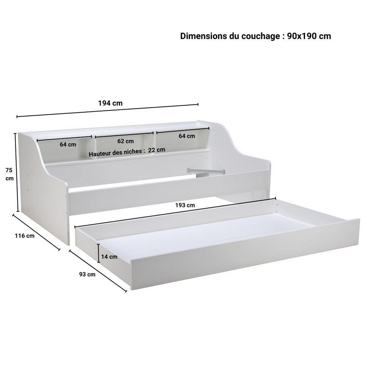 AUSZIEHBETT PALMA mit Regal und Nischen/ Bett 2x90x190 - Weiß - Weiß, Holzwerkstoff (90/190cm) - Weber Industries