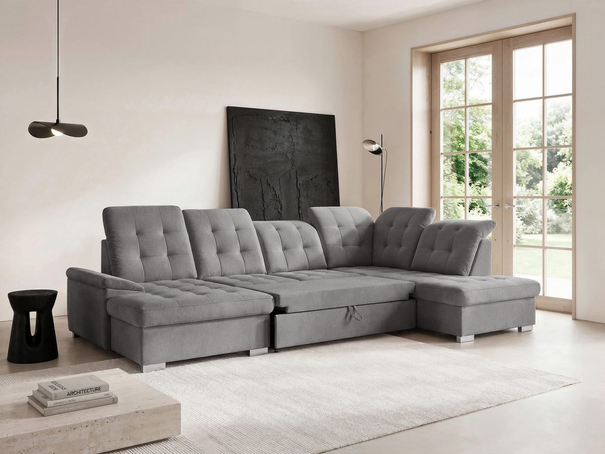 WOHNLANDSCHAFT ANON Ottomane Rechts, mit Schlaffunktion und Bettkasten, Grau - Grau, Kunststoff/Textil (322/87/220cm) - Idohome