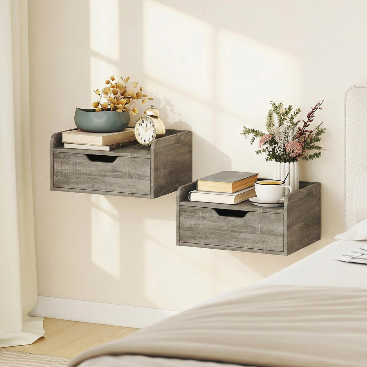 NACHTTISCH Grau Spanplatte wandhängend mit Schublade 2er-Set - Grau, Holzwerkstoff (40/19.5/30cm) - PANGIVO