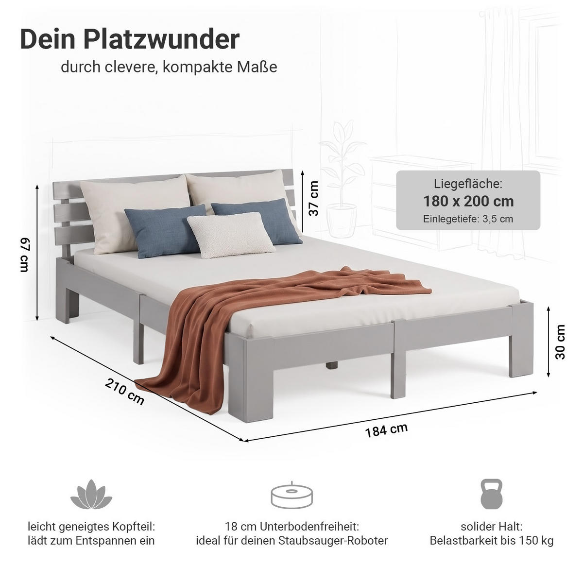 HOLZBETT mit Matratze 180/200 cm Doppelbett Grau - Grau, Holz (180/200cm) - Homestyle4u