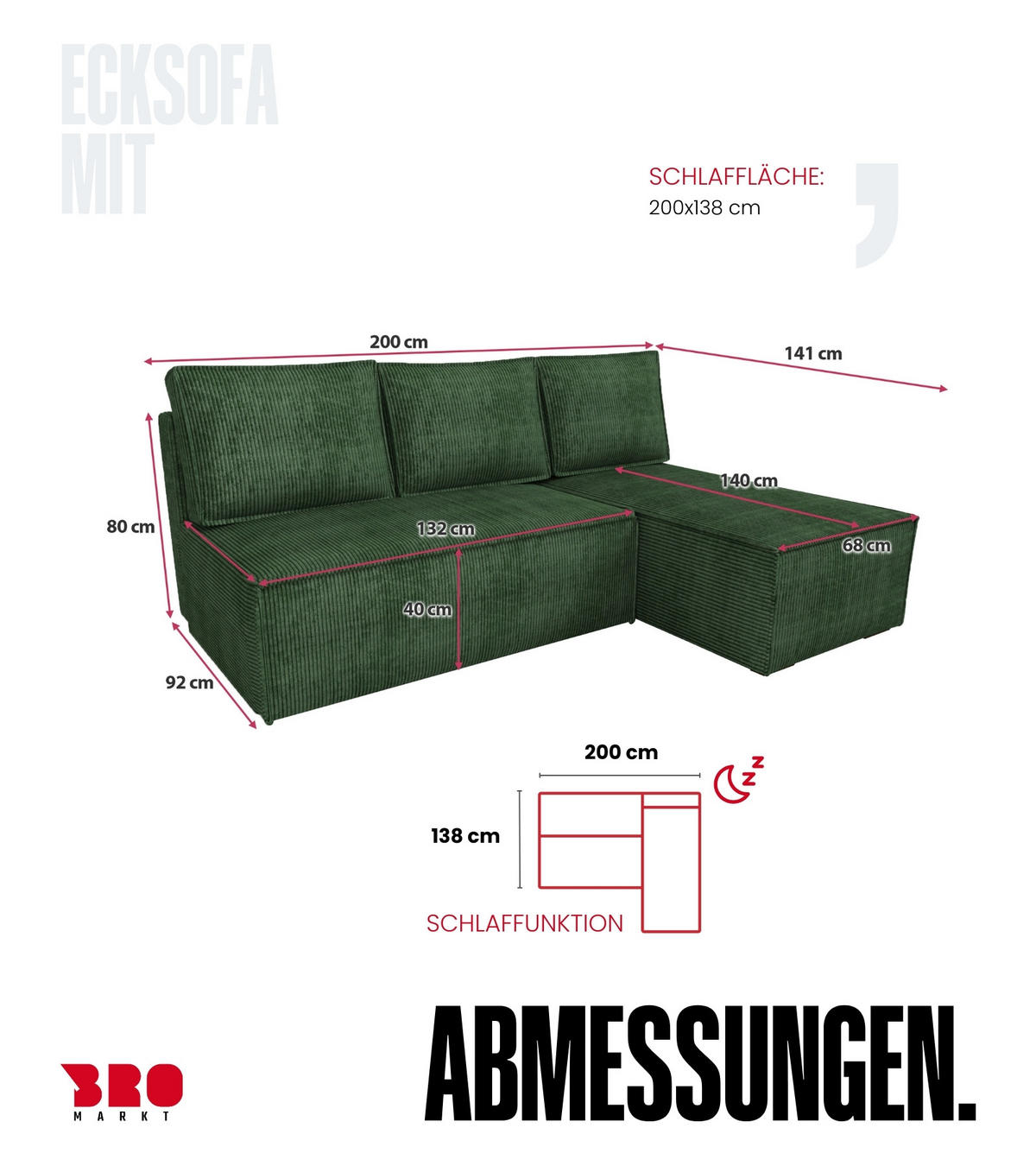 ECKSOFA Hector mit Schlaffunktion Grün Cord - Grün, Textil (200/141cm) - Bromarkt